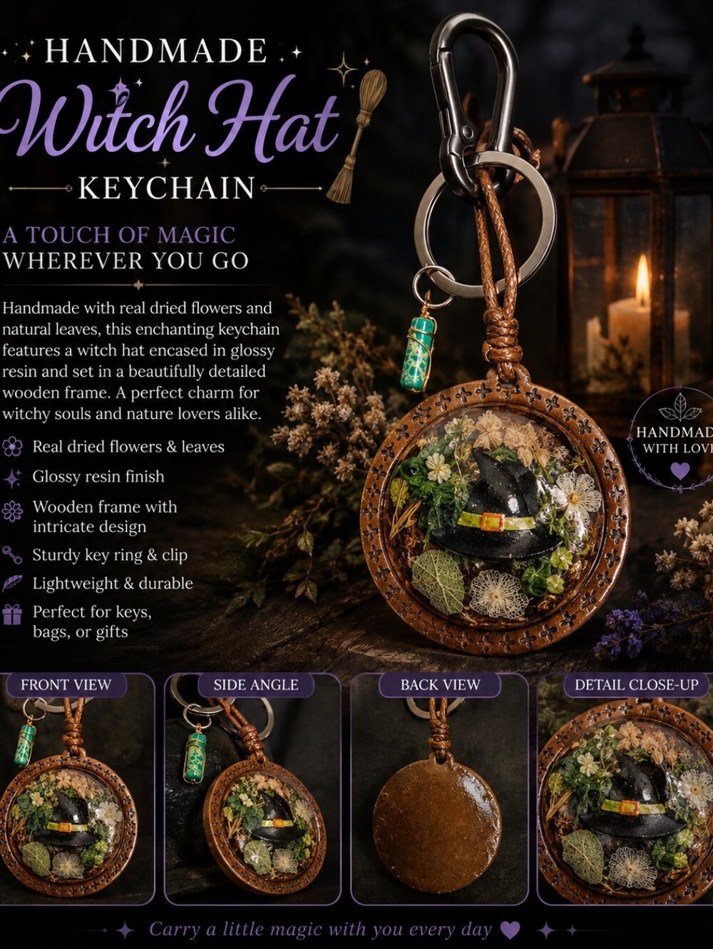 Handmade Witch Hat Keychain with Black & Green Floral Design